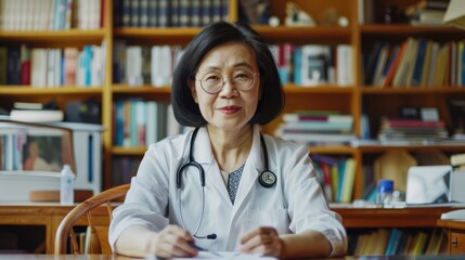 A middle-aged Chinese woman, possibly a doctor, wearing glasses, sits at a table with a bookshelf behind her.