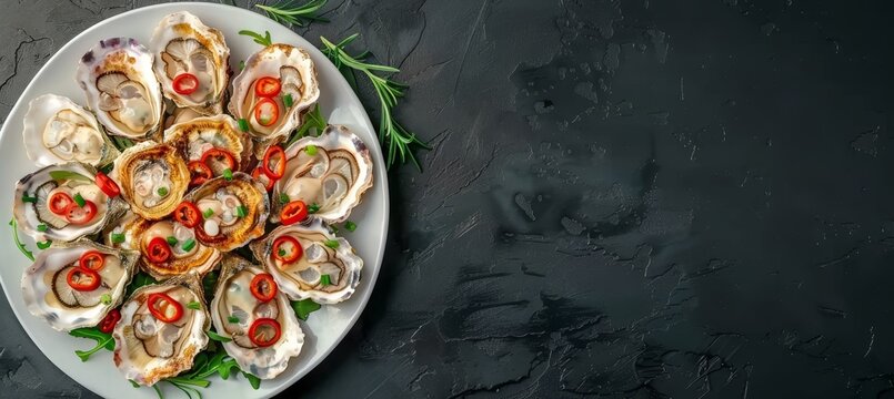 Artistic oyster dish presentation, top view close up, hyperrealistic high resolution capture