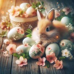 Double exposure of bunny and eggs flowers created with generative ai..