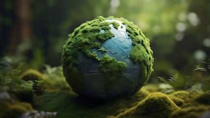 Obraz na płótnie Canvas Generative AI illustration of conceptual 3D globe with continents and live green plants emerging set on mossy terrain against a blurred background