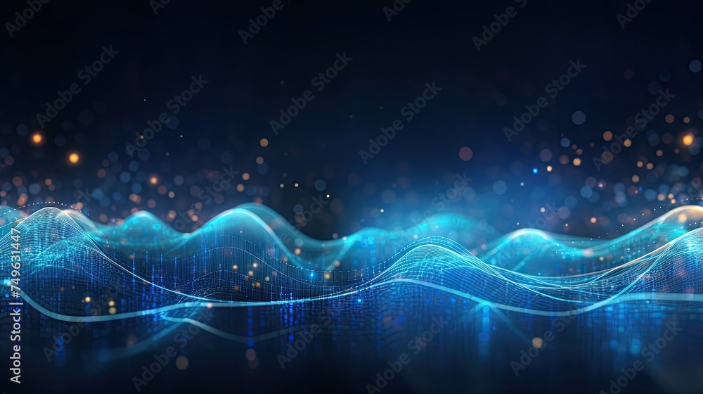 Poster blue digital data background with moving dots. abstract wave with musical stream of sounds. perfect 