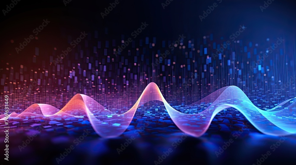 Poster blue digital data background with moving dots. stream of musical sounds. ai analysis and artificial 