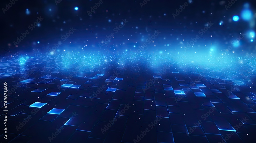 Poster blue light sci-fi background - abstract dark blue digital background with sparkling light particles 