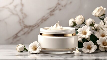 Fototapeta na wymiar Luxury cream or cosmetic jar on a marble with white flowers. Fragrances and luxury beauty products. Product display, 3d, and copy space created with generative ai