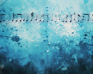 Blue Music Background with Melodies and Black Notes. Decorative Old Grunge Line on the Musical Texture
