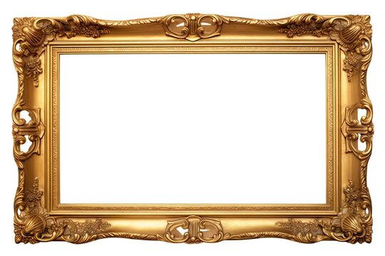 Big and Bold: Large Golden Frame Isolated on White Background with Gilded Adornments and Aged Finish in Retro Style