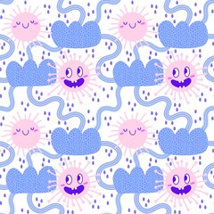 Summer cartoon weather seamless sun and clouds pattern for wrapping paper and fabrics and linens and kids