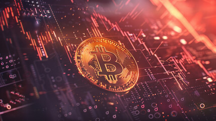 Neon Technology Market Graph: Illustration of stock market data overlaid on binary code against a digital background, emitting futuristic neon lights