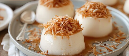 Three delectable desserts, including Thai pudding with a creamy coconut topping, are elegantly arranged on a plate. Each dessert is accompanied by a spoon on a wooden table, creating an inviting