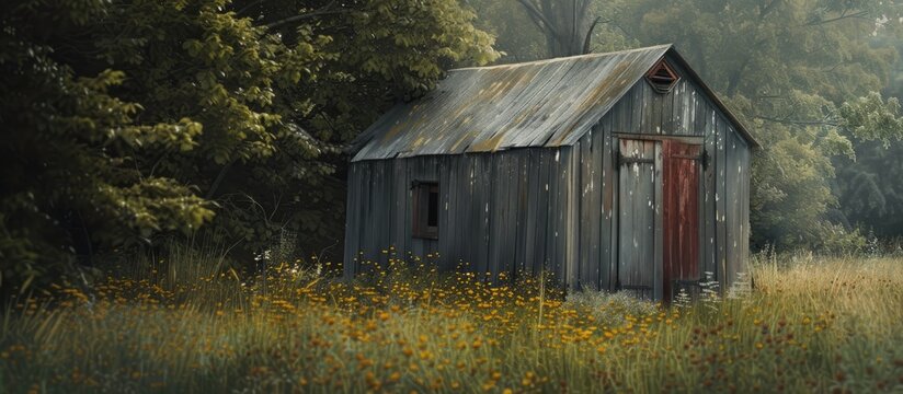 A painting depicting an old, weathered shed standing alone in the middle of a vast field during a sunny summer day. The scene captures the solitude of the structure in its rustic surroundings.