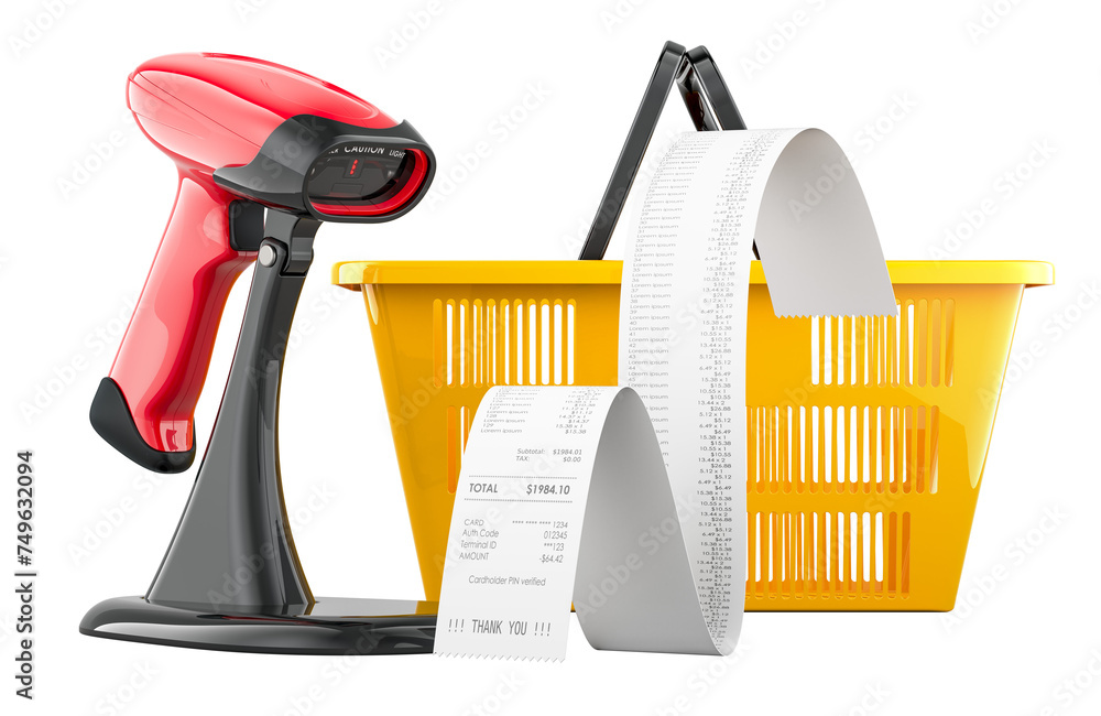 Poster bar code reader with printed receipt and shopping basket. 3d rendering isolated on transparent backg