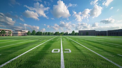 Empty football field with goalposts under a sunny sky and clouds. Sports and athletic training concept with open space