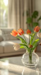 Vibrant tulips in a clear glass vase on a reflective table with a sunny window background. Fresh spring flowers concept for home decor and greeting card design