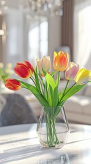 Vibrant tulips in a clear glass vase on a reflective table with a sunny window background. Fresh spring flowers concept for home decor and greeting card design