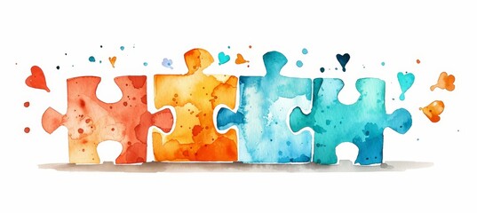 Colorful interlocking puzzle pieces with watercolor texture symbolizing connection and diversity