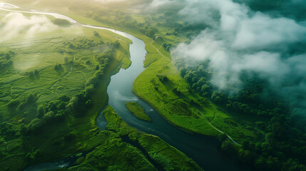 aerial view of the river. The sky is cloudy and the grass is green,  aerial landscapes