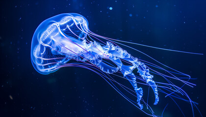 A glowing jellyfish floats underwater with blue light illuminating its delicate, translucent body and long tentacles - Powered by Adobe