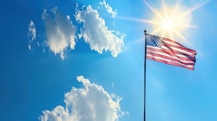 American flag waving under sunny sky with lens flare. Patriotic and national celebration concept for design and print