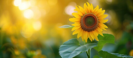 A large sunflower stands prominently in the middle of a field, its vibrant yellow petals contrasting with the green leaves. The soft, blurred background enhances the focus on the sunflower.
