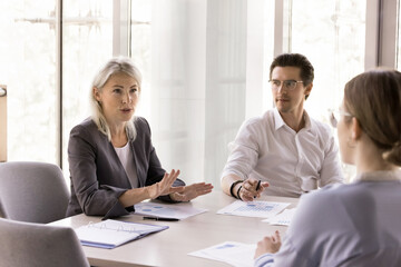 Middle-aged leader, female boss make speech, convince company clients or investors, provide helpful information gather together in modern office boardroom, review diagrams, analyzing strategy and data