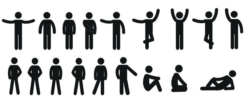 icons of a human figure, a set of silhouettes of human figures, a pictogram, various gestures and poses, a person standing, sitting, lying, flat vector illustration
