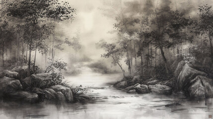 Monochrome Landscape with Misty River and Trees Illustration