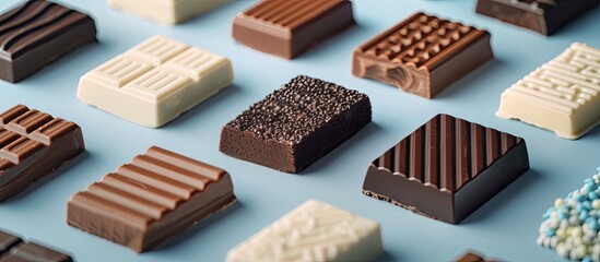 A variety of different types of chocolate bars are neatly arranged on a blue table. The chocolate bars have various flavors and textures, ranging from dark chocolate to milk chocolate. Some bars are - Powered by Adobe