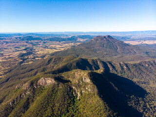 aerial (drone) panorama of mount may in mount barney national park with mount barney and mount maroon in the background; hiking mighty mountain in queensland, australia