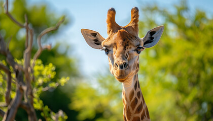A giraffe with a long neck and spotted fur stands calmly among green trees, looking directly at the camera
