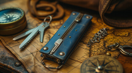 Vintage navigation tools displayed on an antique map. Includes a compass, leather case, and multi-tool. This image is perfect for: exploration themes, historical research, adventure storytelling - obrazy, fototapety, plakaty