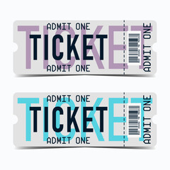Ticket template with barcode and rounded corners. Flat vector illustration set for theatre, cinema, concert or event. Modern design