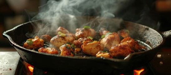 A black cast iron frying pan sits on a stove burner, filled with sizzling grilled chicken. The food is being cooked to perfection, with steam rising from the flavorful dish.