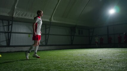 Teen Girl Running On Field And Scoring Goal, Workout Of Junior Soccer Team, Future Champion Training - Powered by Adobe