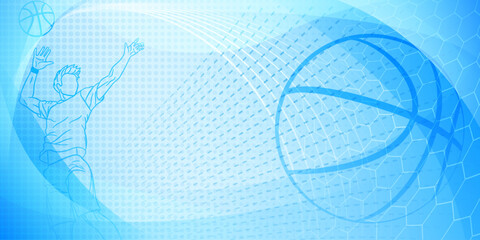 Basketball themed background in blue tones with abstract lines, meshes and dots, with a male basketball player and ball