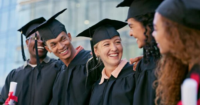 University, education and students at graduation for certificate, celebration or success. Graduate, school and college friends with diversity, diploma or academic, award or milestone achievement