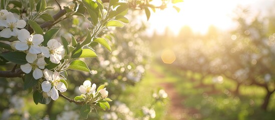 A close-up view of a blooming apple tree with delicate white flowers in a sunny spring apple garden. The tree branches are covered in blossoms, creating a beautiful natural scene. - obrazy, fototapety, plakaty