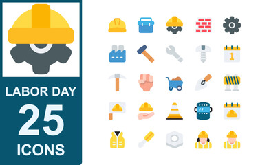 labor day icon collection.flat style.contains calendar,pickaxe,fist,wheel barrow,spade,barrier,flag,occupational safety.simple vector illustration.
