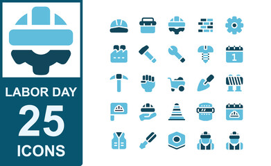 labor day icon set.duo tone style.contains helmet,labor day,tool box,brick,gear,factory,hammer,wrench,bolt,mayday,calendar.vector illustration.