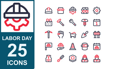 labor day icon set.2 line color style.occupational safety,cone,welding,high visibility vest,screwdriver,nuts,workers,helmet,labor day,tool box,brick,gear,factory,hammer,wrench.