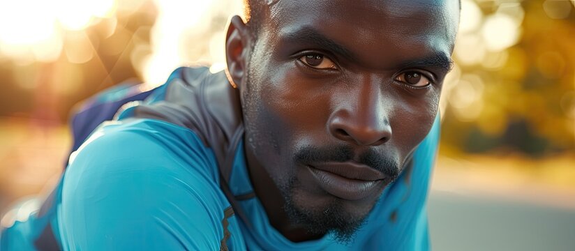 A close-up of an African American runner wearing a blue shirt, resting after intense outdoor training. The individual is looking directly at the camera against a blurred background.