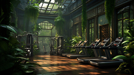A gym interior for a tropical rainforest fitness center, with lush rainforest workouts and exotic plant decor.