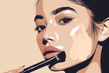 A woman applying foundation cream with a makeup brush on her cheek