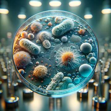 A petri dish containing a vibrant collection of microorganisms and cells.