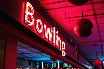 A neon sign showing the word Bowling.