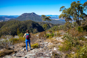 Fototapeta premium hiker girl looking at the peak of mount maroon from the top of mount may in mount barney national park, south east queensland, australia