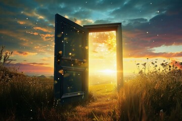 An open door on a meadow with bright light coming out of the door.