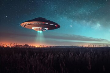 Fototapeta na wymiar A UFO sighting at night over a field.