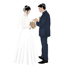 Wedding Jewish couple watercolor illustration. Jewish black hair Bride in wedding dress with pink bouquet and black hair groom in kippa and blue suit puts a ring on his finger