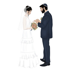 Wedding Jewish couple watercolor illustration. Jewish black hair Bride in wedding dress with pink bouquet and black hair and beard groom in kippa and blue suit puts a ring on his finger