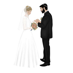 Wedding Jewish couple watercolor illustration. Jewish blond hair Bride in wedding dress with pink bouquet and black hair and beard groom in kippa and black suit puts a ring on his finger